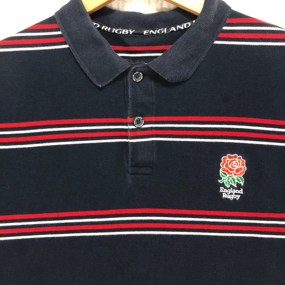 England Rugby Polo Shirt Navy Red White Stripe Embroidered‎ Rose Men's Size M